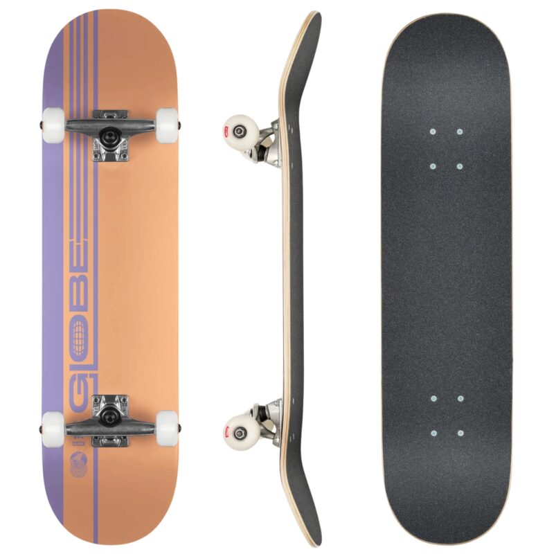 Vorderansicht Globe G0 Strype Hard 7.75" komplettes Skateboard in Dusty Orange und Lavendel