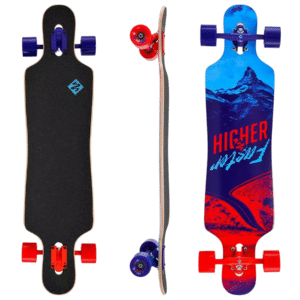 Street Surfing Curve 39-inch Higher Faster longboard with mountain landscape print, black grip deck, drop-through trucks and 70mm soft wheels.