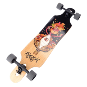 Tempish Frogman longboard – onderzijde met kleurrijke kikker-illustratie en street art design.